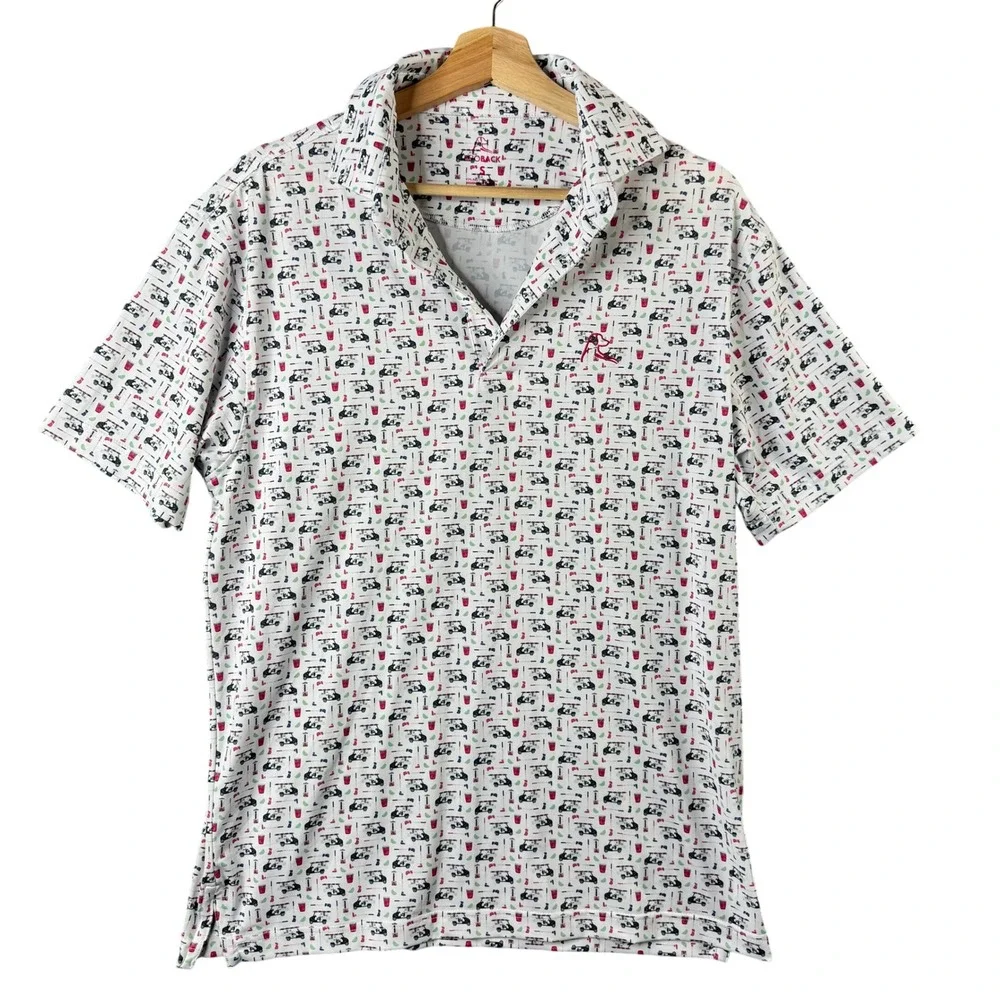 Rhoback Mens Small White Golf Cart Cocktail Print Performance Polo Shirt - Picture 2 of 9